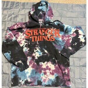 Stranger Things Tie Dye Hoodie XL Black Blue Purple Pullover Logo Netflix